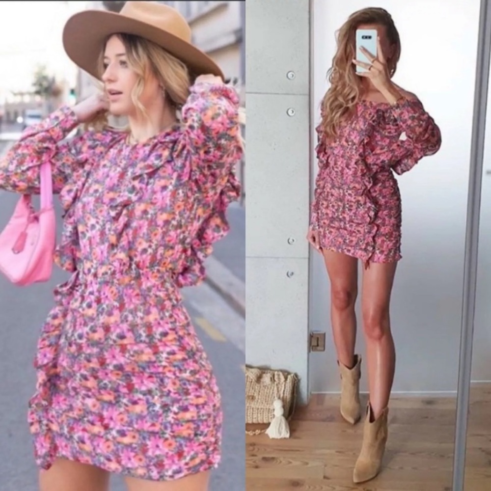 NWT ZARA Draped Floral Ruffle Ruched Pink Dress